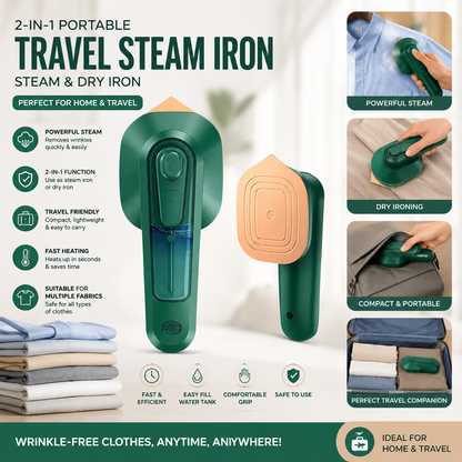 Portable Travel Steam Iron for Clothes – 2-in-1 Handheld Garment Steamer & Dry Iron | Compact Mini Iron for Home & Travel