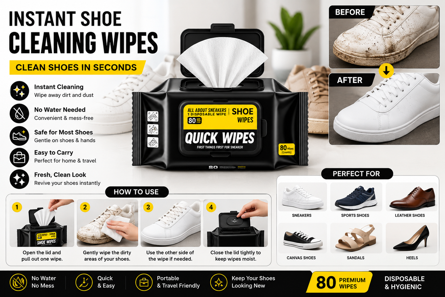 Premium Shoe Cleaning Wipes – Instant Sneaker & Leather Shoe Cleaner | 80 Disposable Wet Wipes