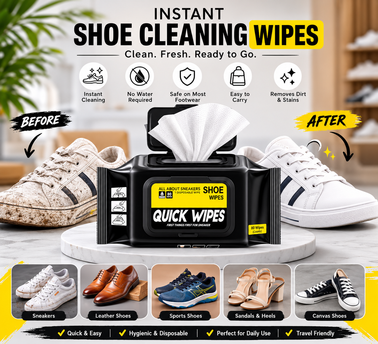 Premium Shoe Cleaning Wipes – Instant Sneaker & Leather Shoe Cleaner | 80 Disposable Wet Wipes